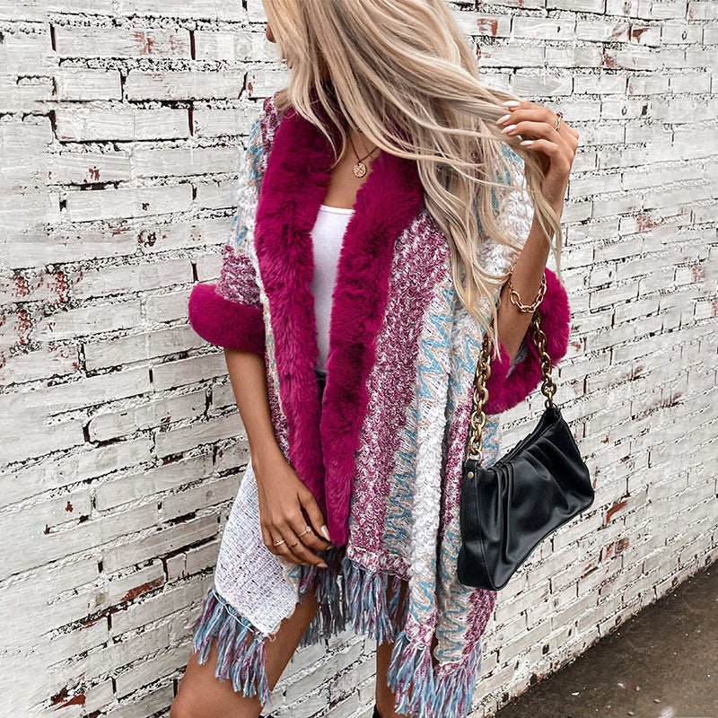 Women's Striped Knitted Tassel Cloak Loose Ethnic Style