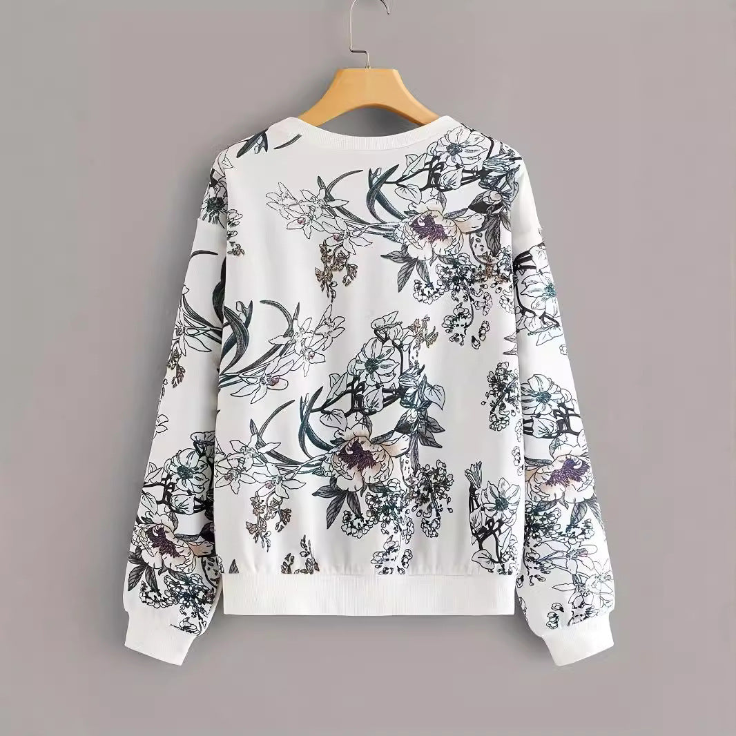 Round Neck Drop-shoulder Plant Flower Print Sweater