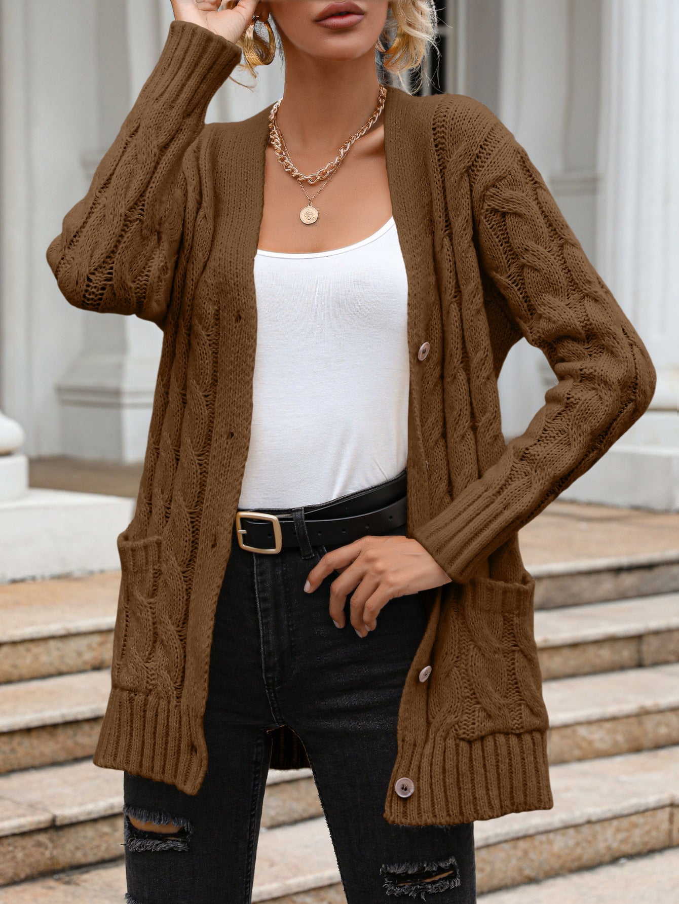 Solid Color Twist Single-breasted Knitted Cardigan For Women