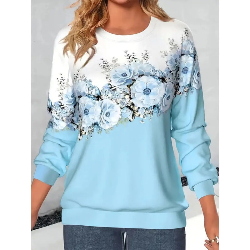 Women's Clothing Round Neck Long Sleeve Flower 3D Printed Pullover Sweatshirt