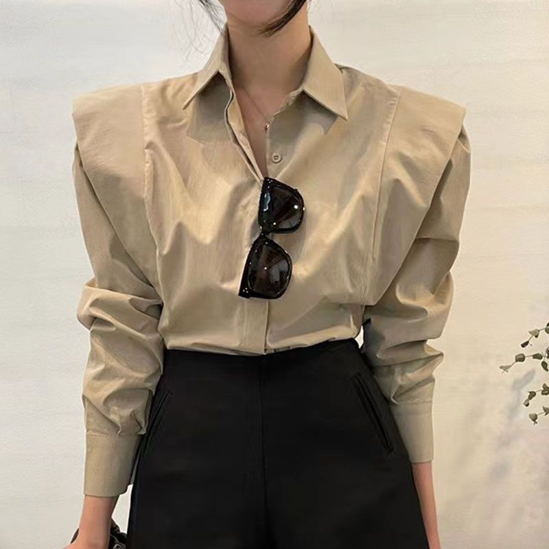 Retro Simple Lapel Hidden Hook Design Patchwork Ruffled Loose Long Sleeve Shirt Top