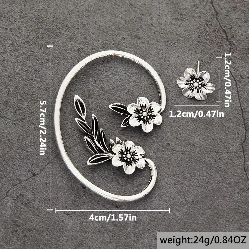 Asymmetric Vintage Plant Flower Ear Hook Earrings