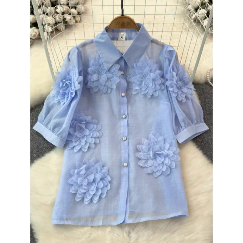 French Minority Unique Chic Shirt Three-dimensional Flower Puff Sleeve Versatile Top