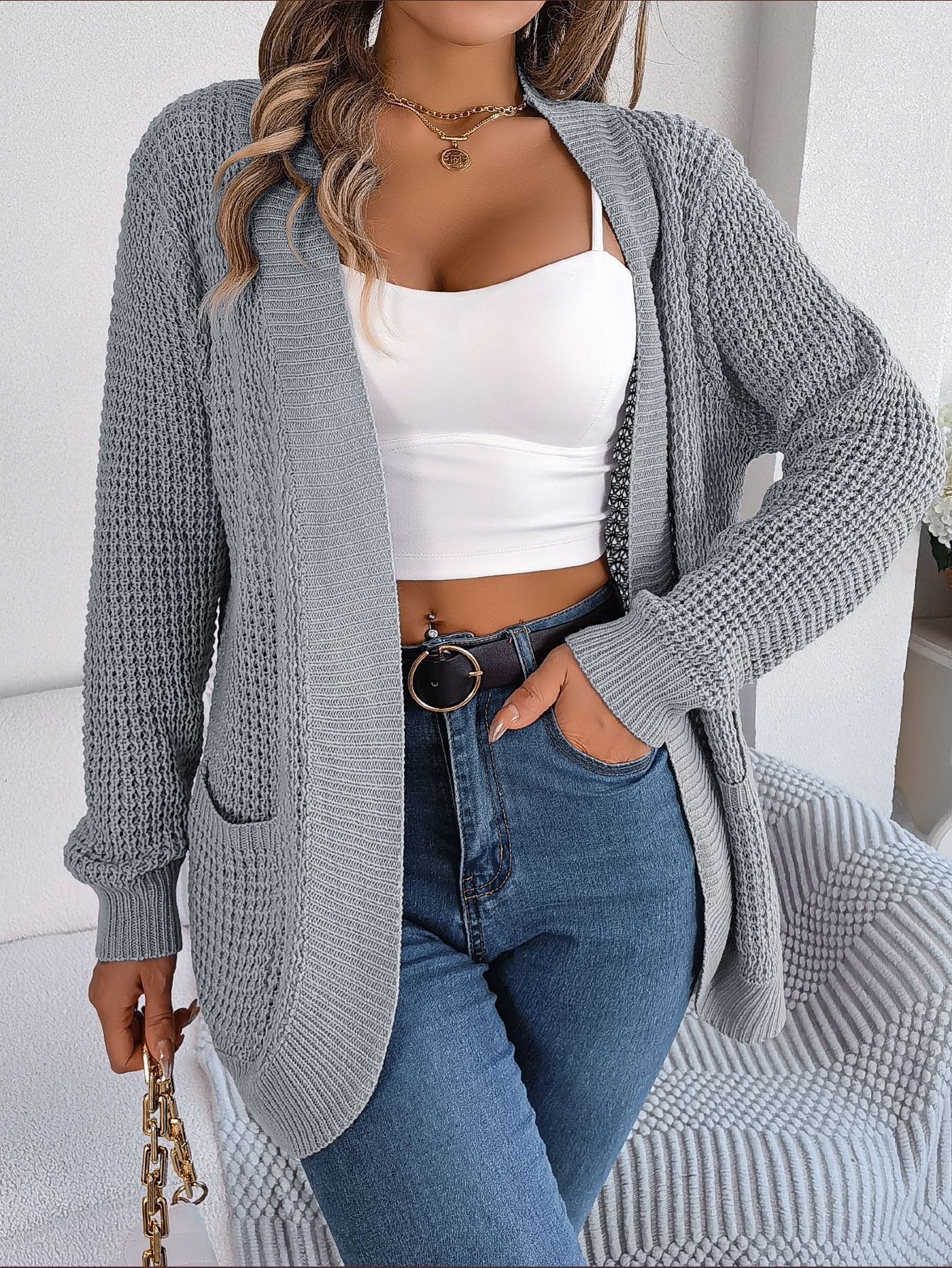 Autumn And Winter Casual Pocket Long Sleeve Knitted Sweater Cardigan Jacket