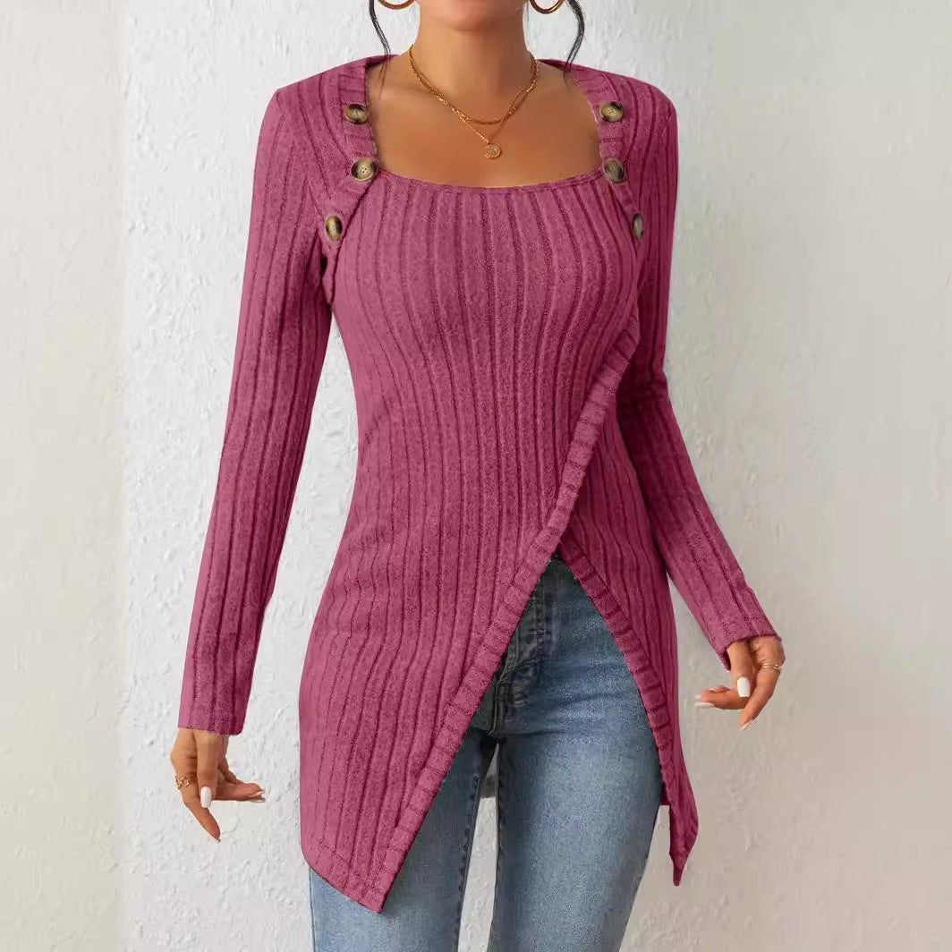 Knitted Square Collar Irregular T-shirt Top