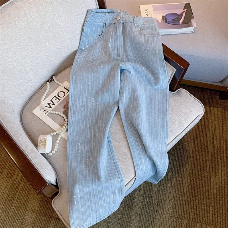 Striped Rhinestone High Waist Wide Leg Jeans