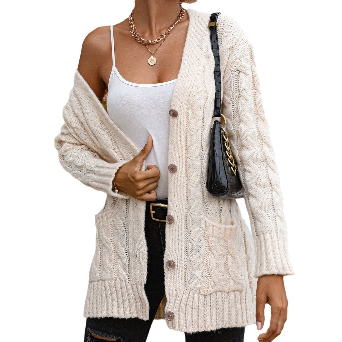 Solid Color Twist Single-breasted Knitted Cardigan For Women