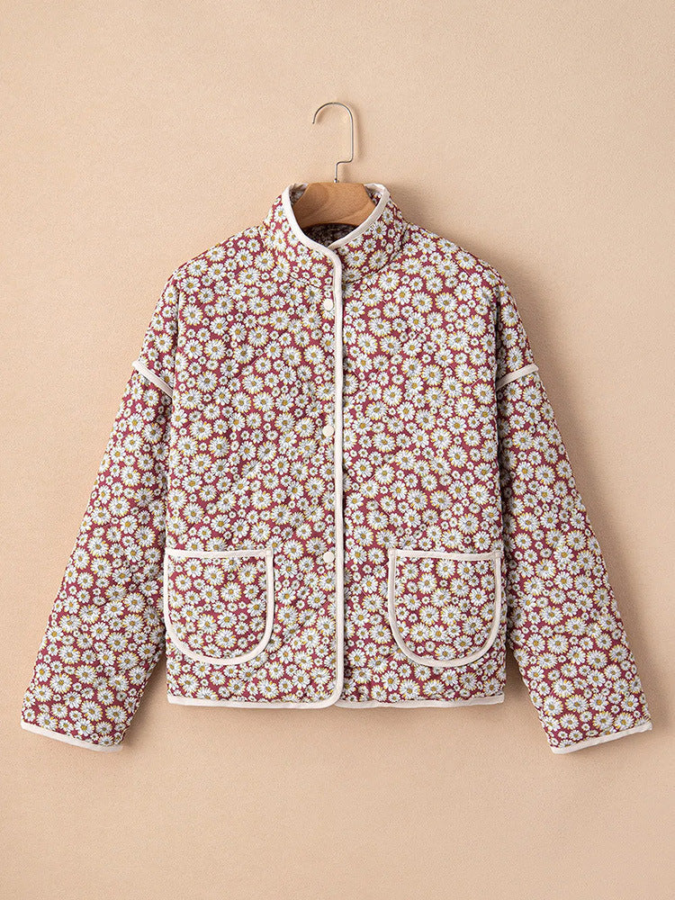 Autumn And Winter Cotton Printed Contrast Color Women's Cotton Coat