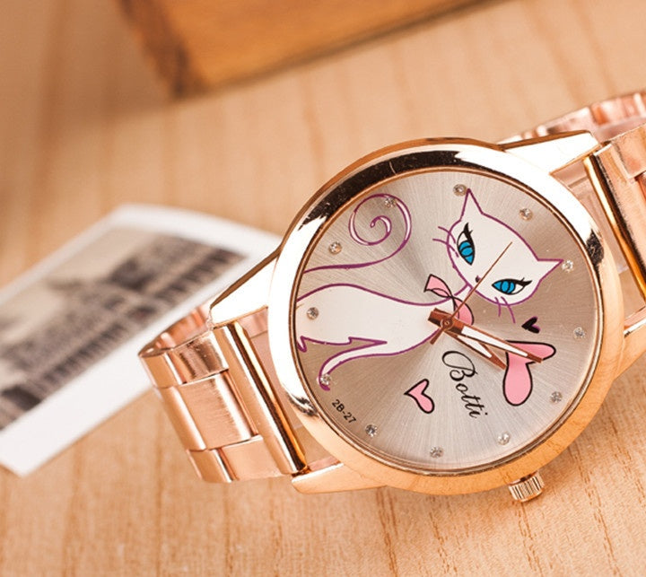 Explosion models women fashion white cat alloy steel belt quartz watch