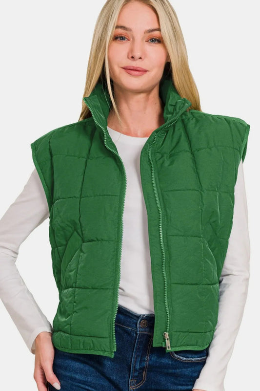 Zenana Zip Up Cropped Puffer Vest With Pockets