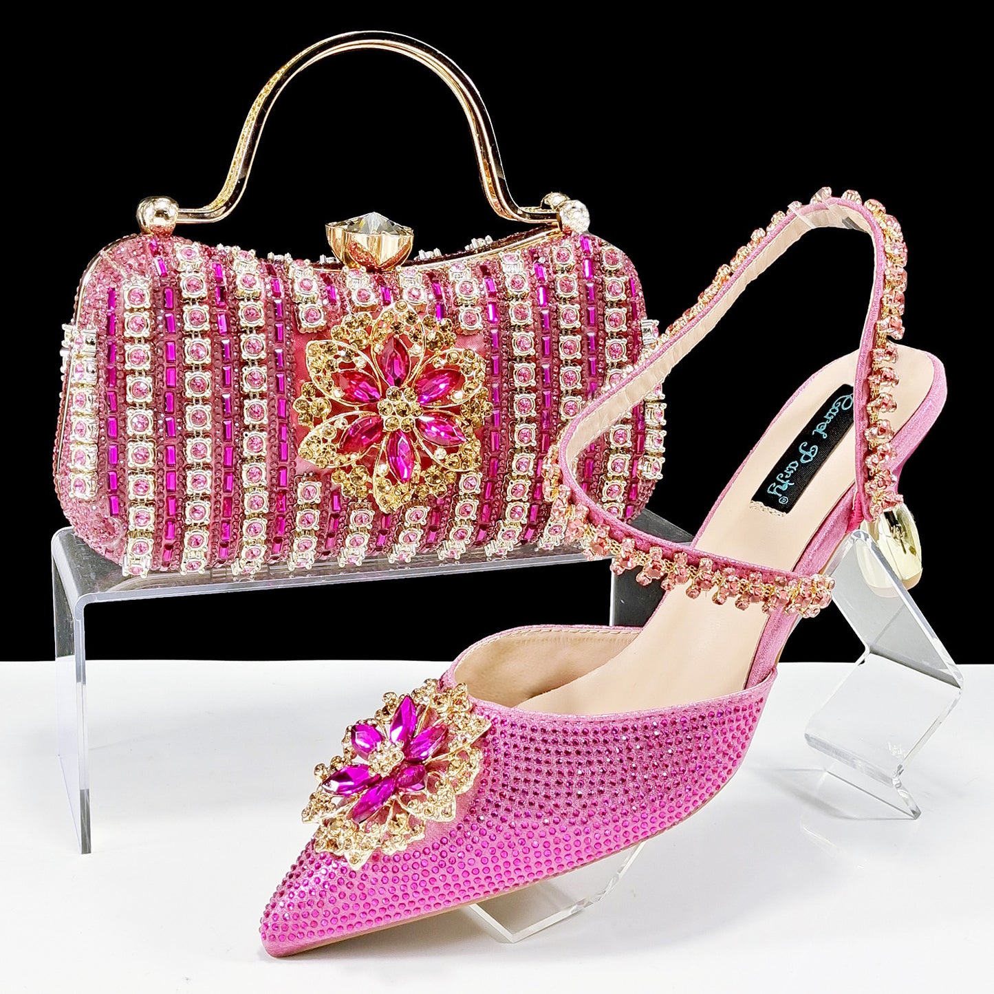 Sexy Women's Shoes And Bags Suit Drill Buckle Flower Decorative Ankle Drill Chain With Hard Clutch