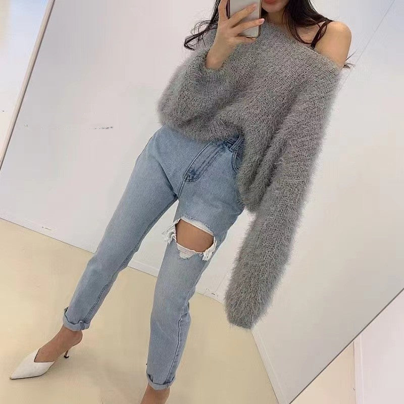 Women's Round Neck Pullover Puff Sleeve Sweater Younger Knitwear Outer Wear