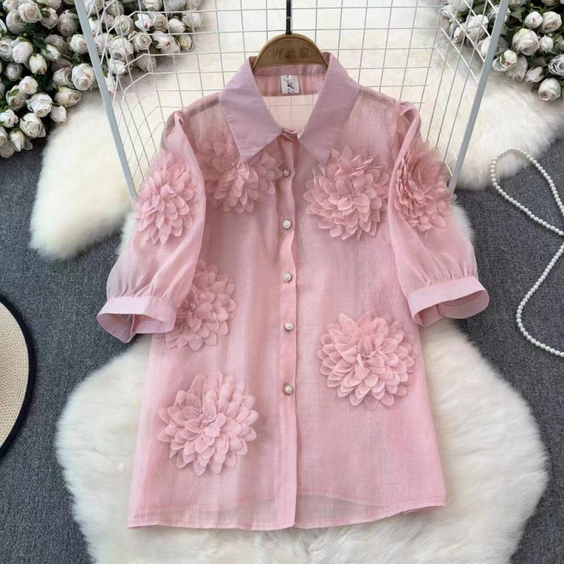 French Minority Unique Chic Shirt Three-dimensional Flower Puff Sleeve Versatile Top