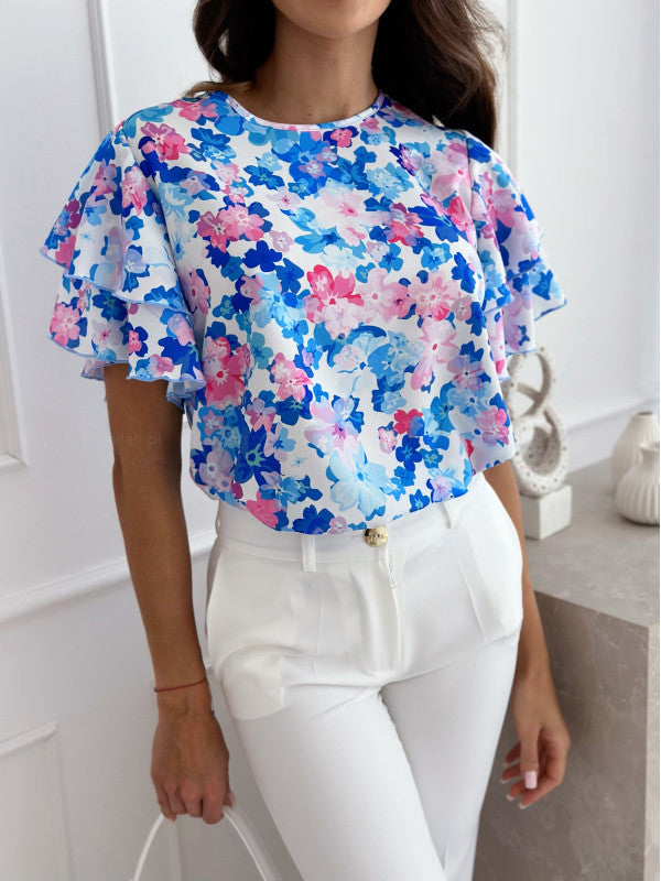 Printed Ruffle Sleeve Round Neck Simple Short Sleeve