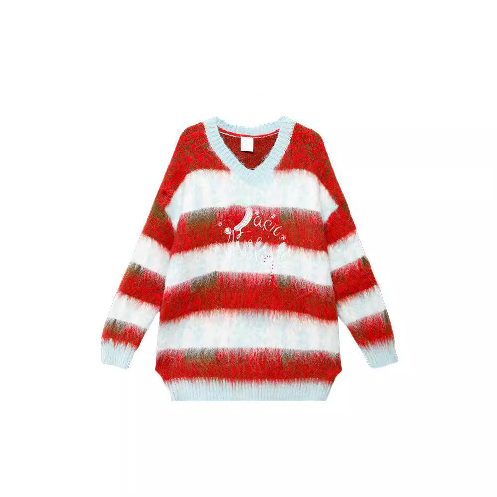 Women's Striped Contrast Color V-neck Pullover Sweater