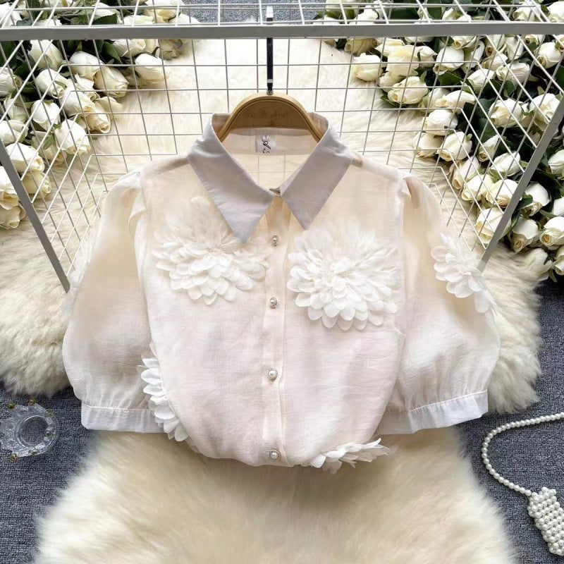 French Minority Unique Chic Shirt Three-dimensional Flower Puff Sleeve Versatile Top