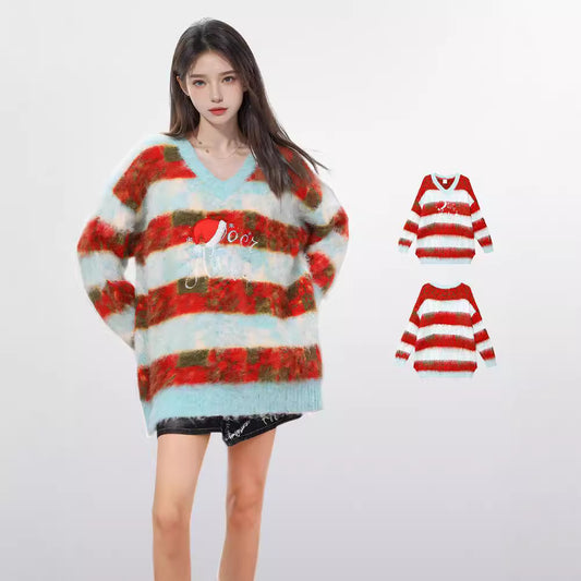 Women's Striped Contrast Color V-neck Pullover Sweater