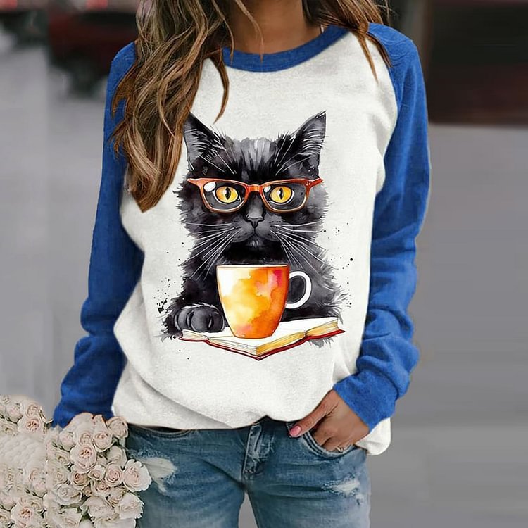 Cute Cat Creative Printing Women's Long Sleeve Crew Neck Sweater