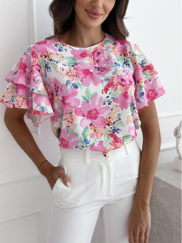 Printed Ruffle Sleeve Round Neck Simple Short Sleeve