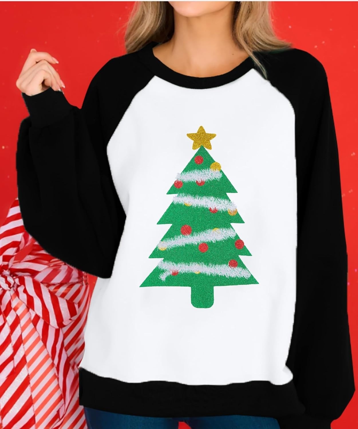 Women's Loose Fashion Round Neck Raglan Sweater European And American Christmas Digital Printing