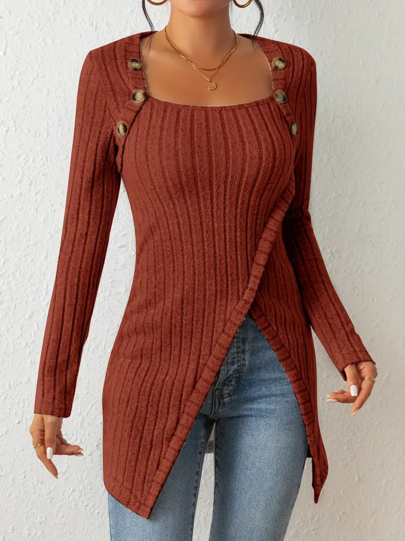 Knitted Square Collar Irregular T-shirt Top