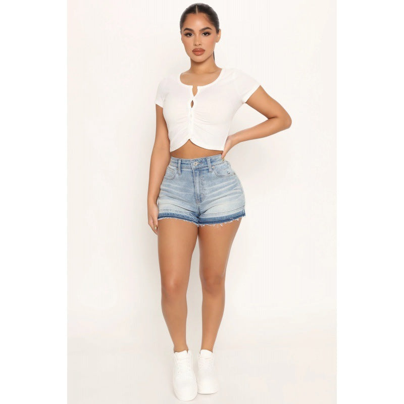 Women's Denim Shorts Washed Frayed Hem Elastic