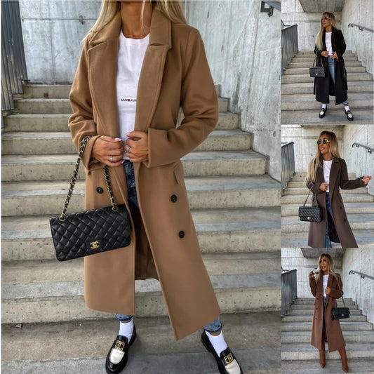 Autumn And Winter Simplicity Long Sleeve Lapel Button Split Woolen Coat For Women