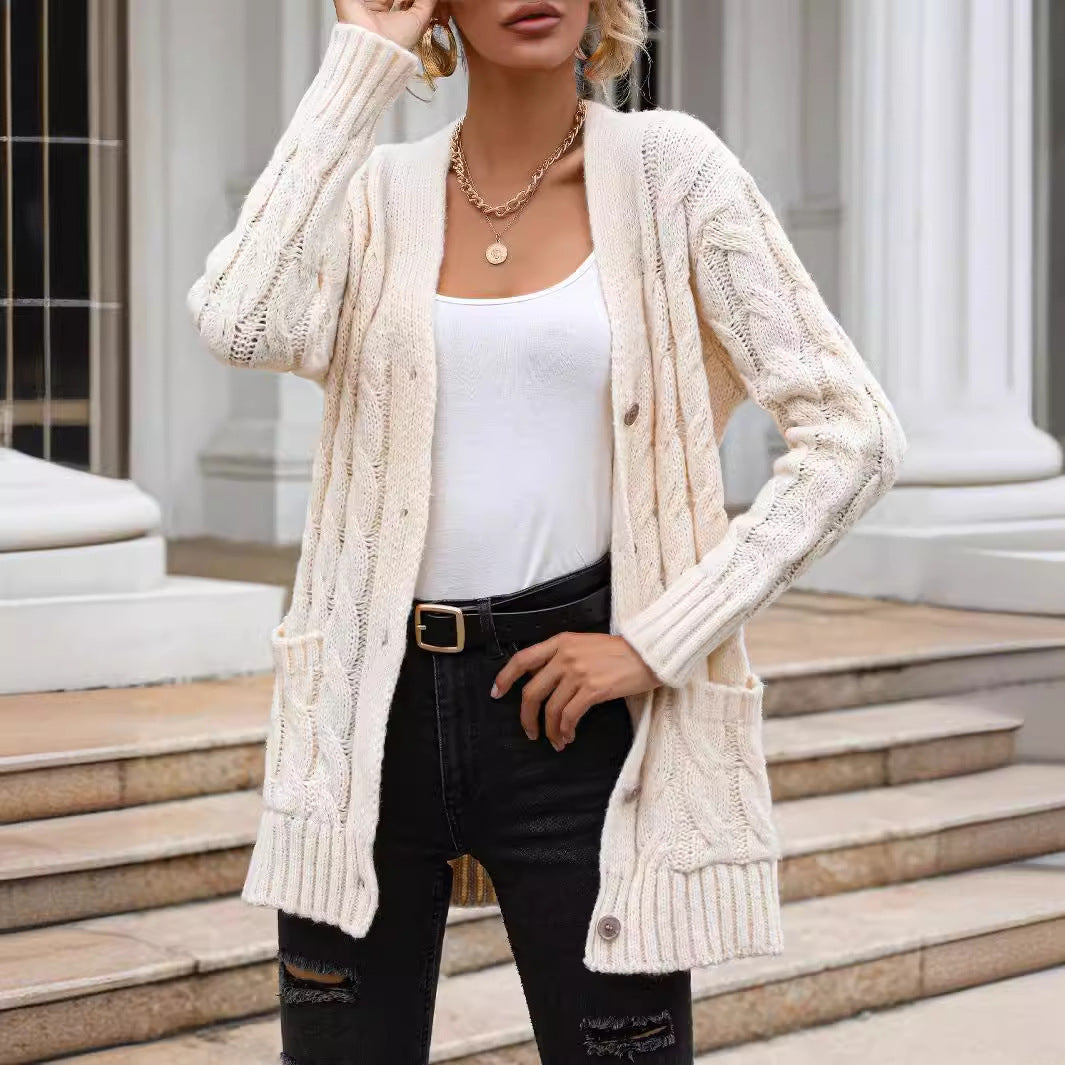 Solid Color Twist Single-breasted Knitted Cardigan For Women