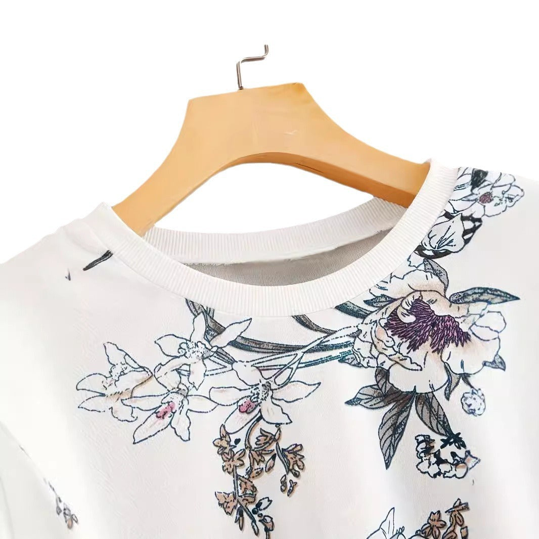 Round Neck Drop-shoulder Plant Flower Print Sweater