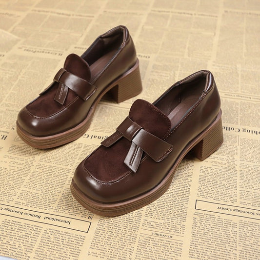 British Style Women's Women's Thick Heel Brown Leather Shoes