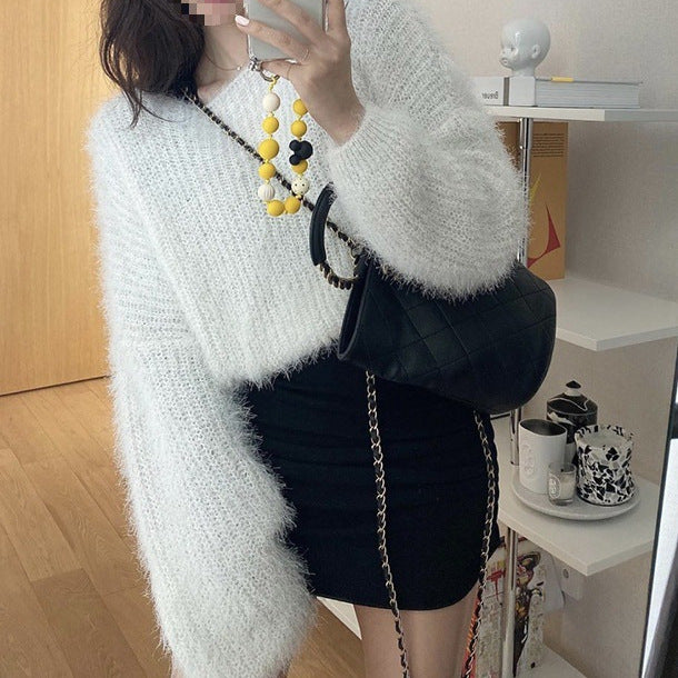 Women's Round Neck Pullover Puff Sleeve Sweater Younger Knitwear Outer Wear