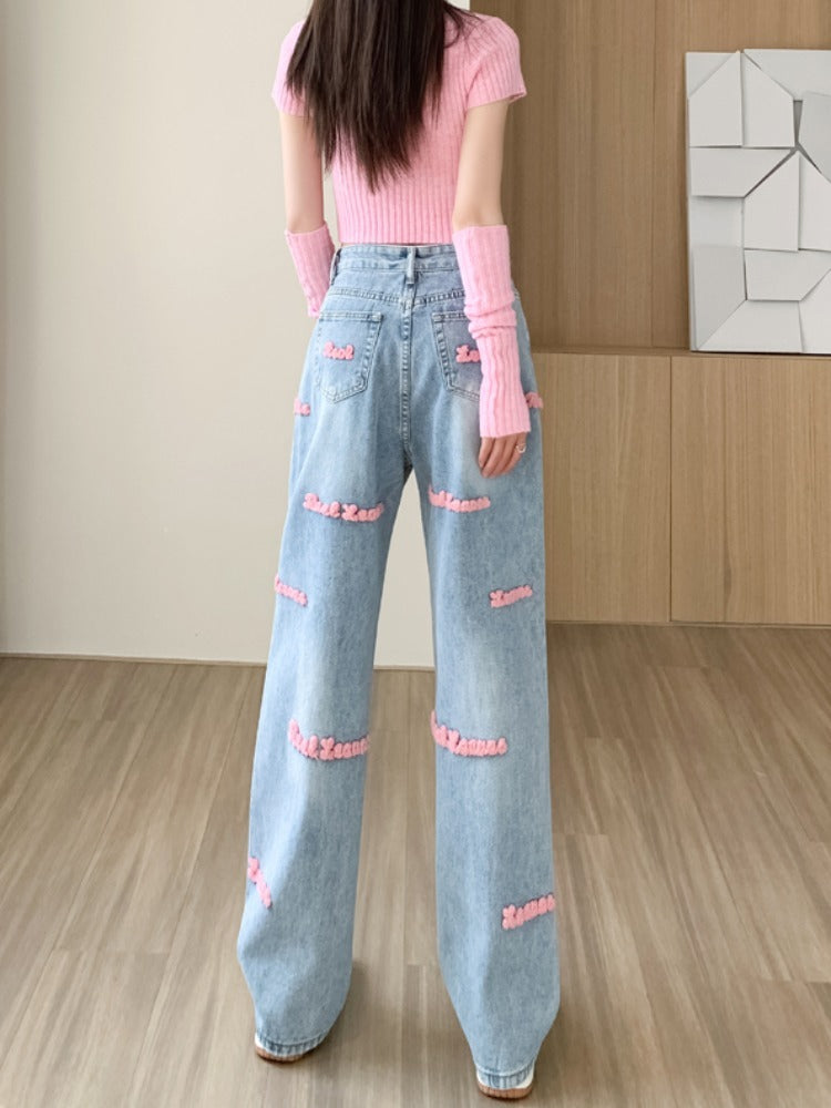 Women's Wide-leg Jeans Embroidered Letters Straight-leg Pants