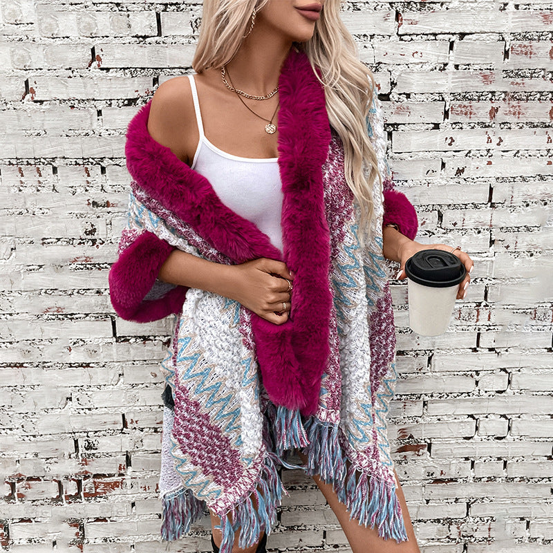 Women's Striped Knitted Tassel Cloak Loose Ethnic Style