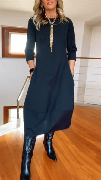 Autumn And Winter New All-matching Solid Color Loose Round-neck Long-sleeved Dress Women