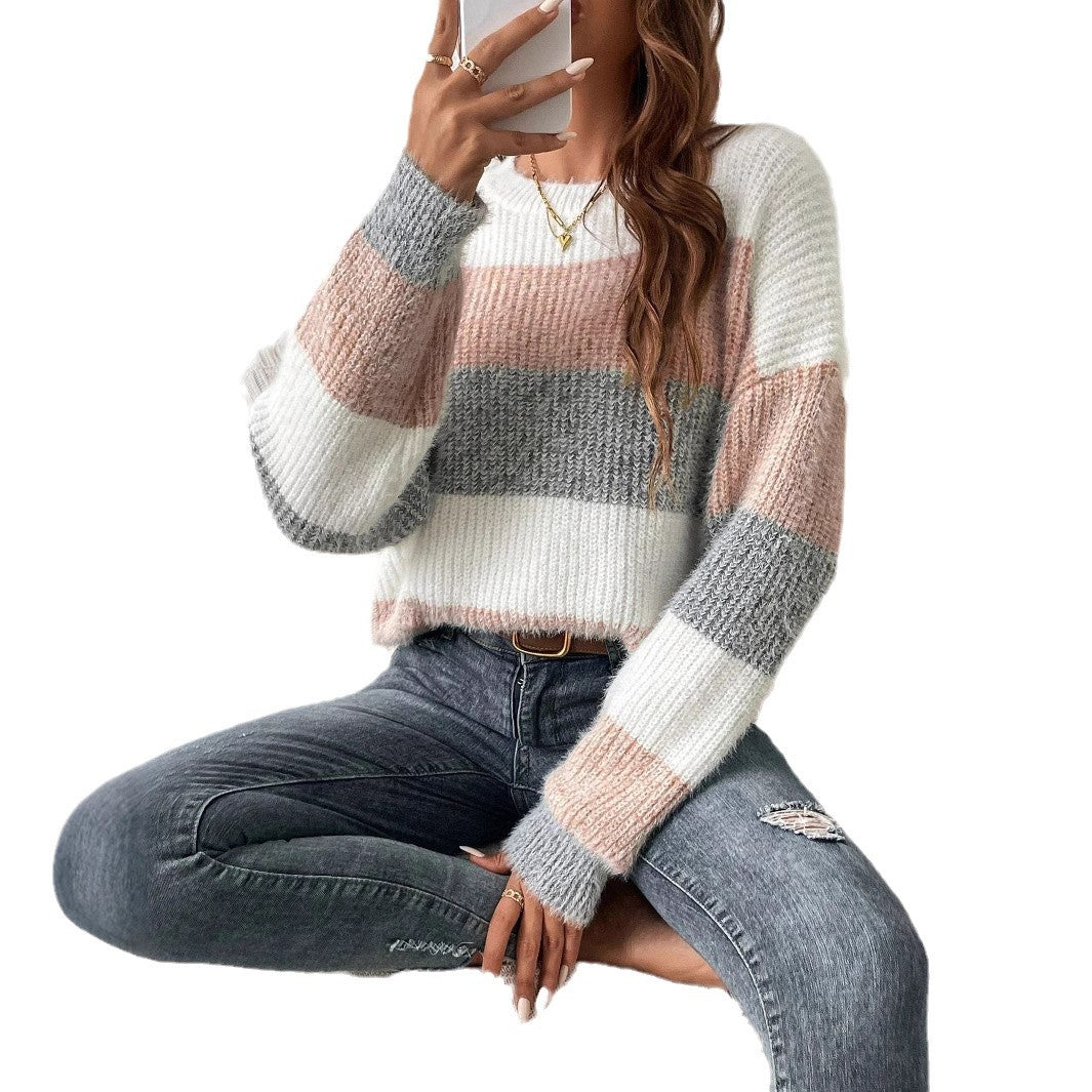 Round Neck Striped Contrast Color Women's Sweater Leisure Pullover