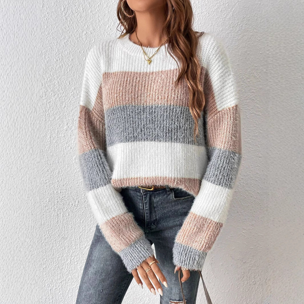 Round Neck Striped Contrast Color Women's Sweater Leisure Pullover