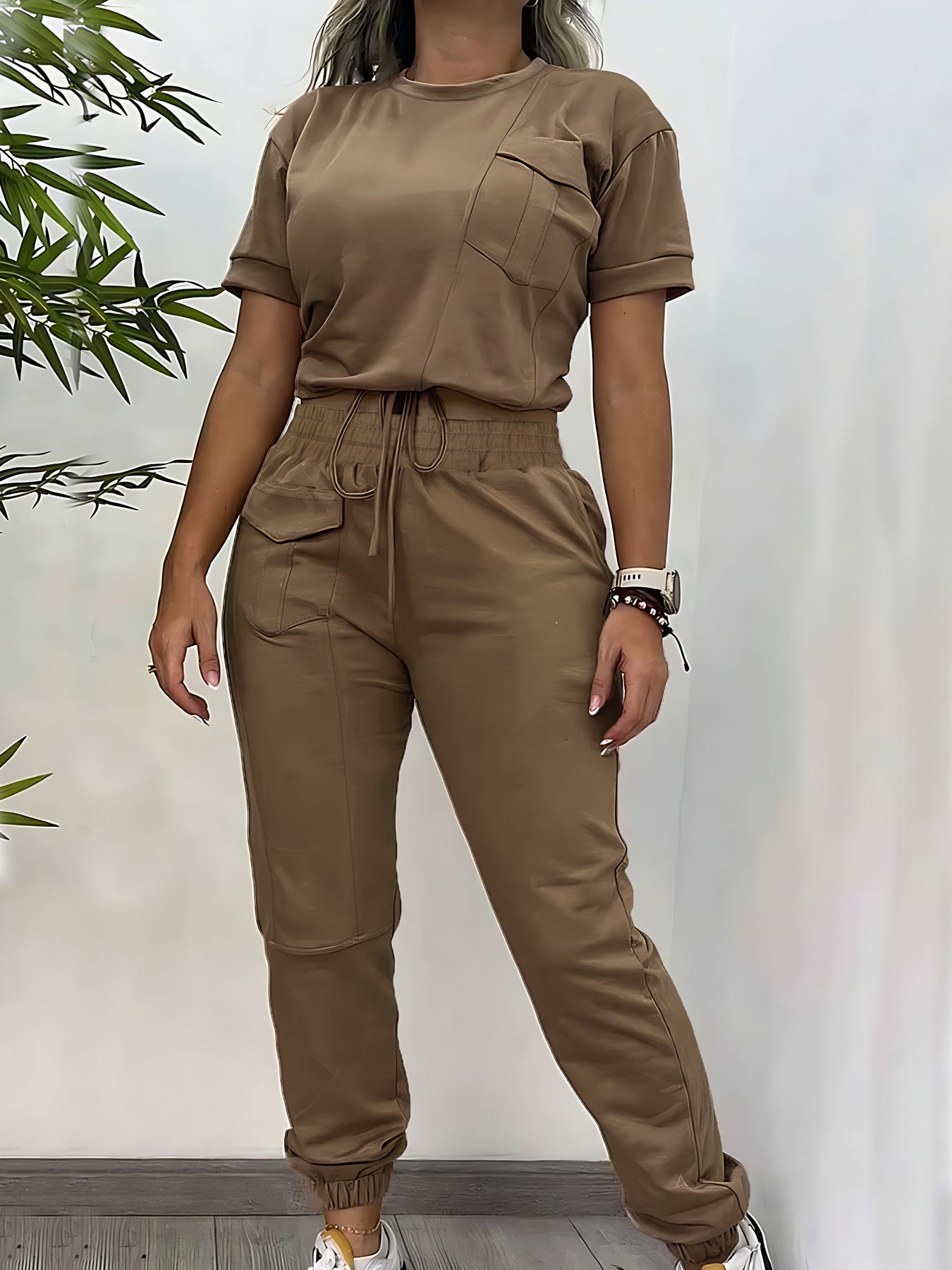 Workwear Casual Round Neck Short Sleeve Trousers Two-piece Set