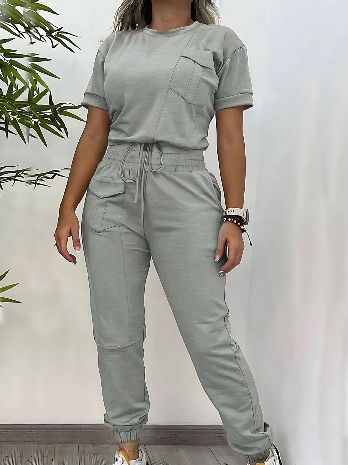 Workwear Casual Round Neck Short Sleeve Trousers Two-piece Set