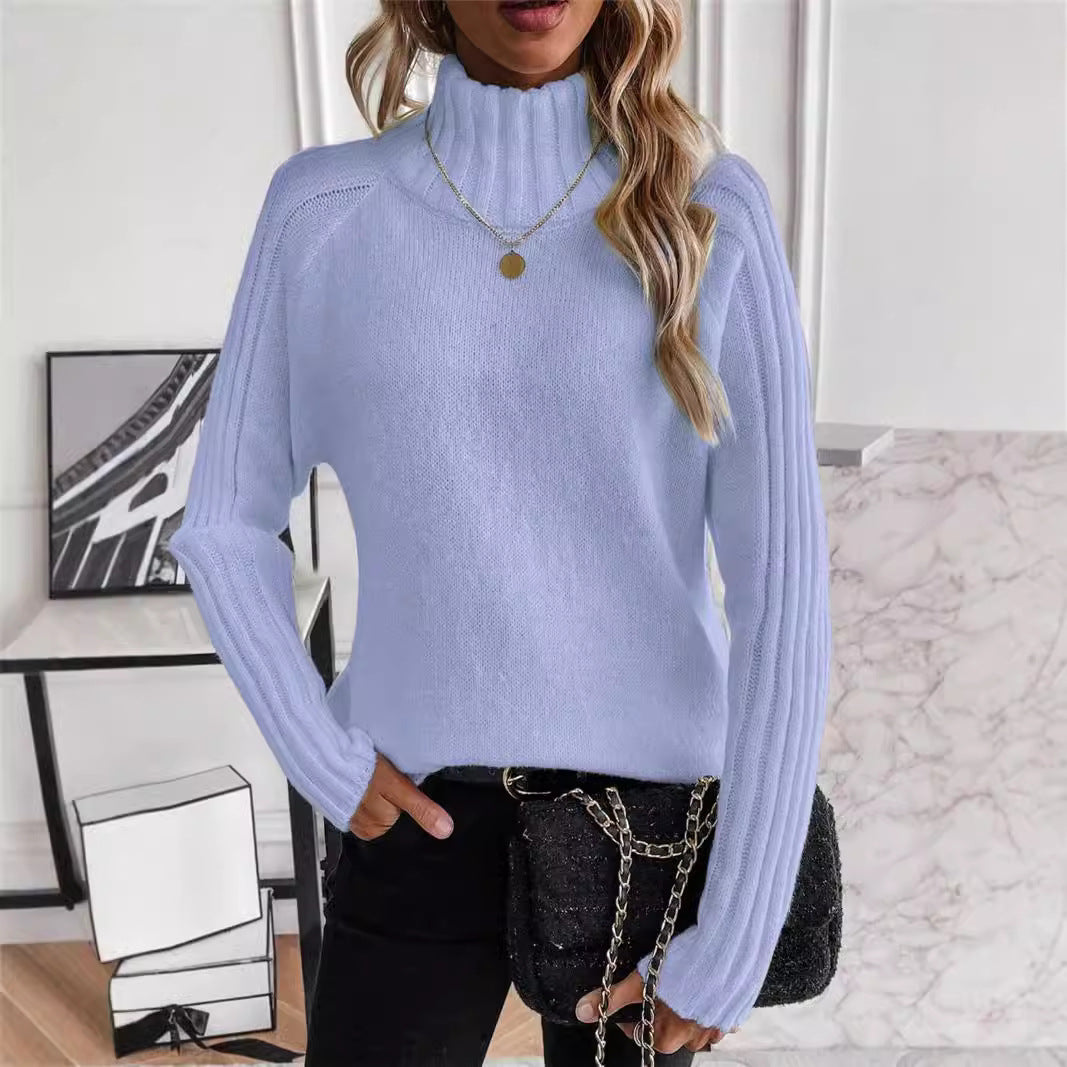 Women's Pure Color All-matching Pullover Raglan Long Sleeve Sweater Autumn And Winter Turtleneck