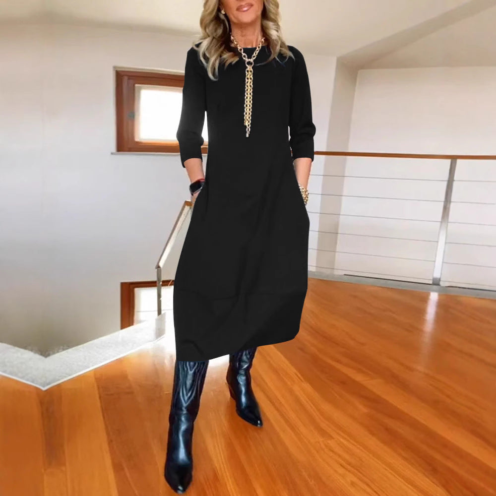 Autumn And Winter New All-matching Solid Color Loose Round-neck Long-sleeved Dress Women