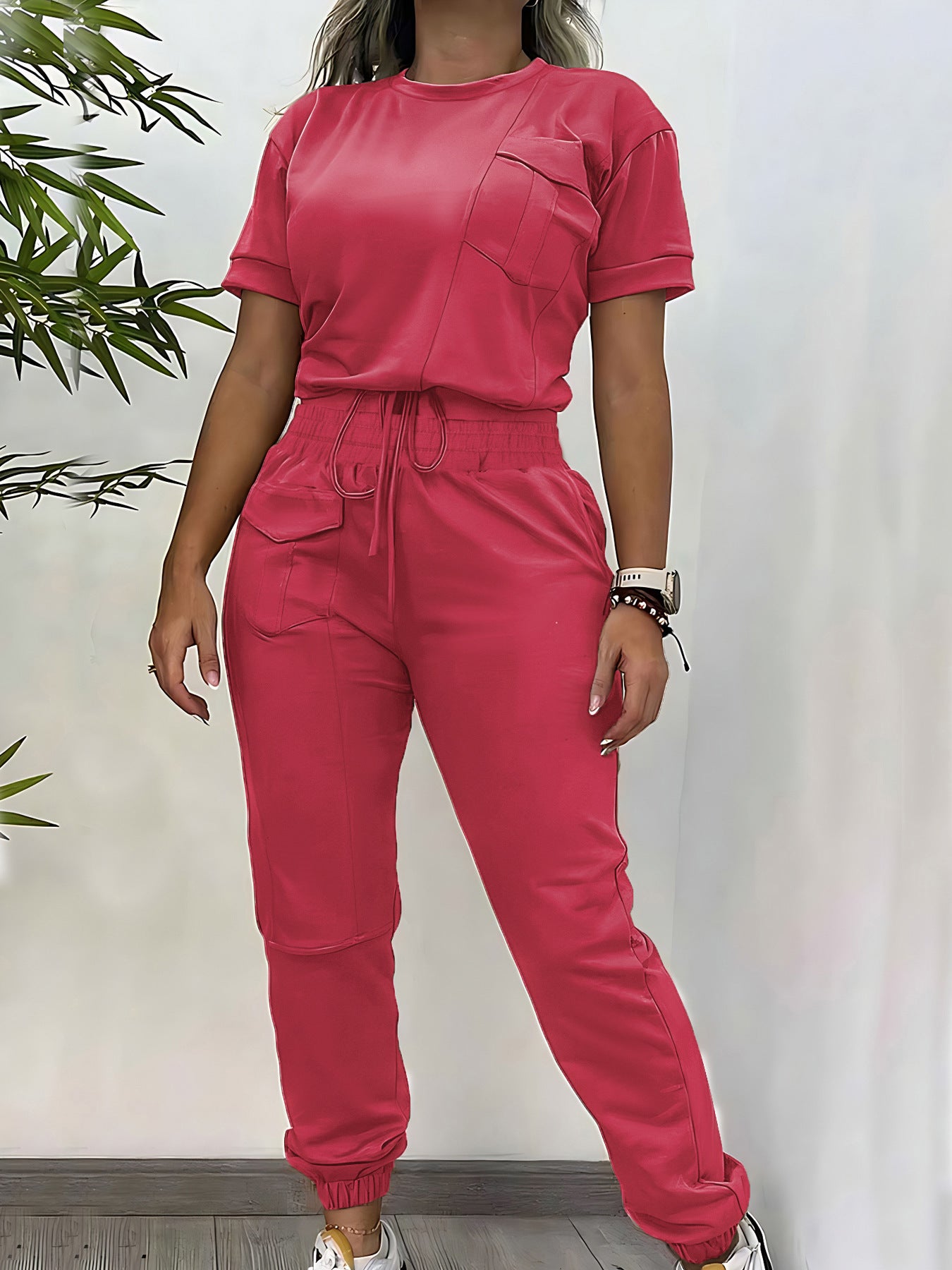 Workwear Casual Round Neck Short Sleeve Trousers Two-piece Set