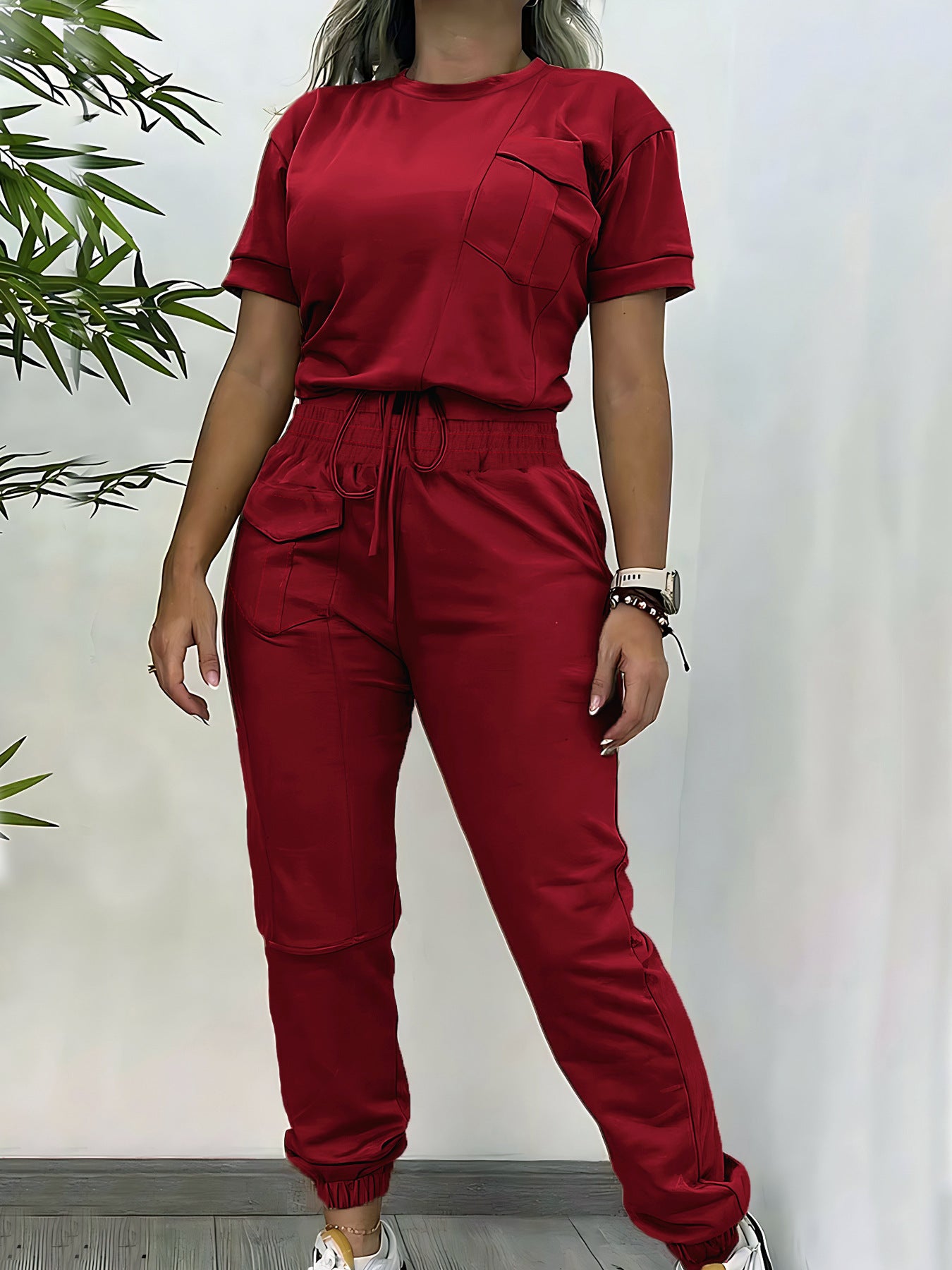 Workwear Casual Round Neck Short Sleeve Trousers Two-piece Set