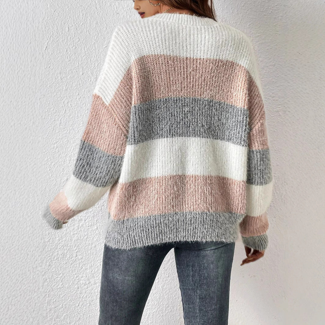 Round Neck Striped Contrast Color Women's Sweater Leisure Pullover