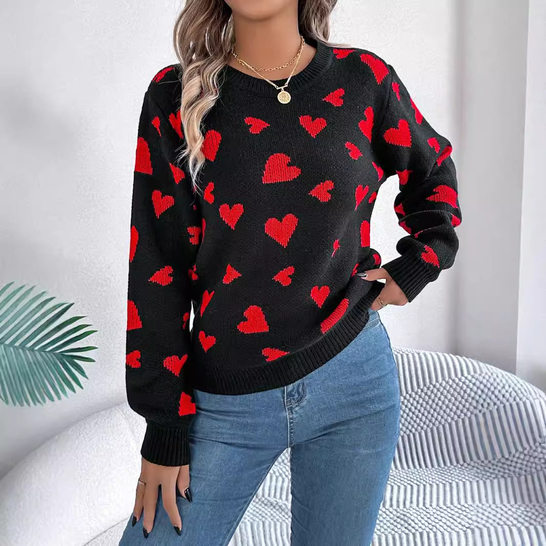 Leisure Round Neck Contrast Color Love Long Sleeve Pullover