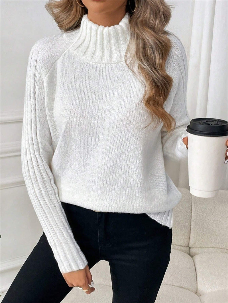 Women's Pure Color All-matching Pullover Raglan Long Sleeve Sweater Autumn And Winter Turtleneck