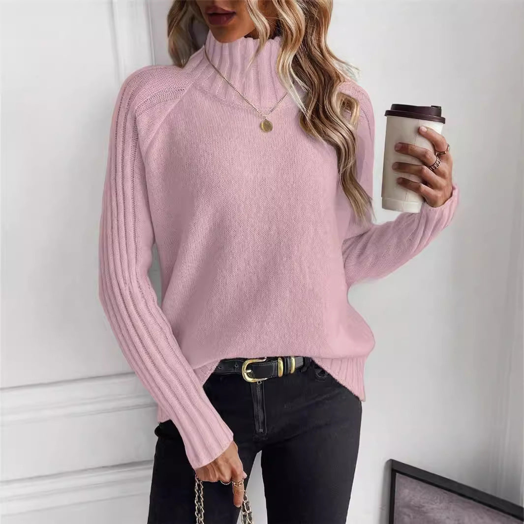 Women's Pure Color All-matching Pullover Raglan Long Sleeve Sweater Autumn And Winter Turtleneck