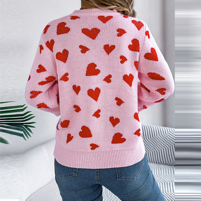 Leisure Round Neck Contrast Color Love Long Sleeve Pullover