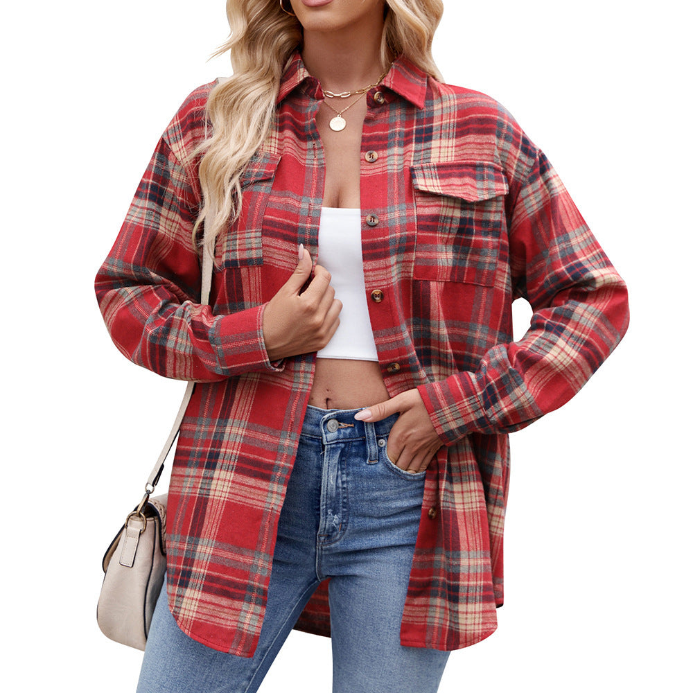 Casual Fashion Loose Plaid Pocket Shirt For Women