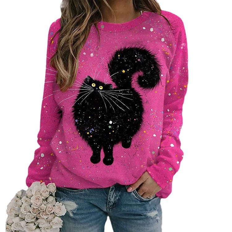 Cute Cat Creative Printing Women's Long Sleeve Crew Neck Sweater