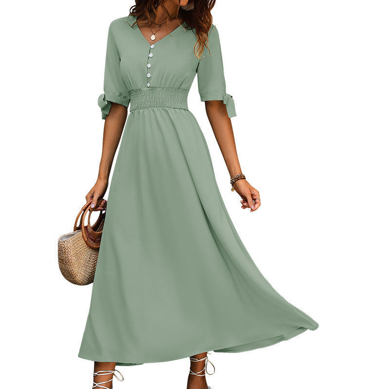 High Waist Smocking Buckle V-neck Women's Dress